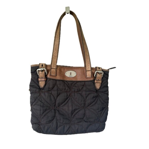 Fossil Key-Per Quilted Floral Fabric Cow Hide Leather Trim Shoulder Bag Tote - Picture 1 of 8